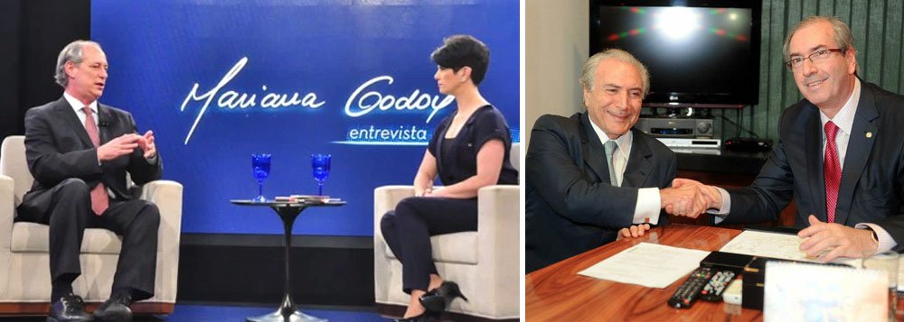 Em entrevista à jornalista Mariana Godoy, o presidenciável Ciro Gomes afirmou que o vice-presidente Michel Temer é "sócio íntimo" de Eduardo Cunha "em tudo que se possa imaginar"; ele lembrou ainda que Cunha indicou Temer como testemunha num processo contra ele; em outro trecho, ele pediu que o senador Aécio Neves tenha mais respeito pelo povo brasileiro e disse que FHC rasgou sua biografia ao costear o alambrado do golpe; confira a íntegra