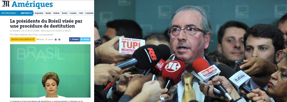 Principal jornal da França publicou que Eduardo Cunha (PMDB) "não agiu em nome dos cidadãos descontes, mas por uma vingança pessoal"; decisão foi divulgada após a bancada do PT no Conselho de Ética da Câmara ter dito que votaria a favor da continuidade do processo que o investiga por quebra de decoro parlamentar por ter mentido sobre a existência de contas em seu nome na Suíça; já o espanhol "El País" destacou que o "descrédito" de Cunha "é completo", após meses de escândalos envolvendo seu nome 