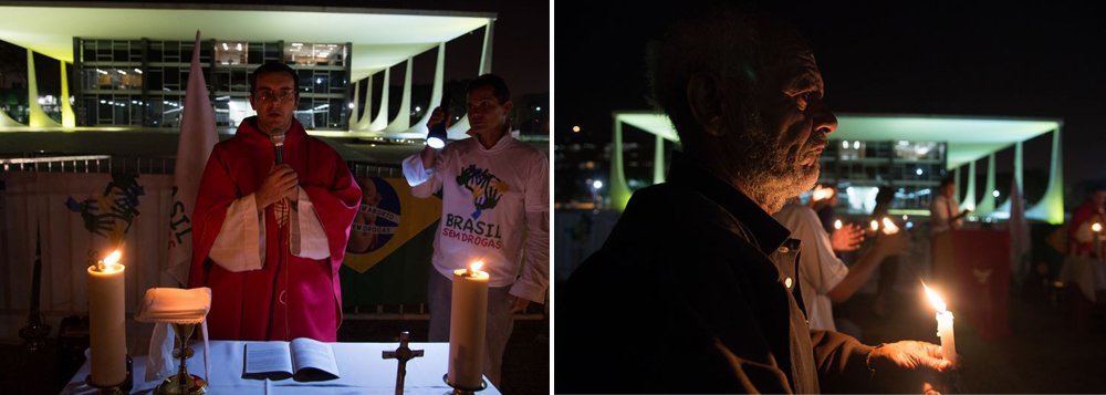 O Movimento Brasil sem Drogas fez uma vigília em frente ao Supremo Tribunal Federal contra a descriminalização do porte de drogas para uso próprio; o objetivo da vigília é sensibilizar os ministros da Corte para que votem pela inconstitucionalidade da descriminalização