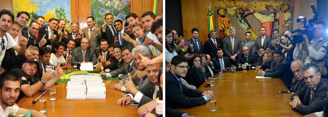 Frase é do jornalista Fernando Brito, que compara a foto do ato que registrou a entrega do primeiro pedido de impeachment por movimentos anti-Dilma, em maio deste ano, com a tirada ontem durante a entrega, pela oposição, do segundo documento assinado pelos juristas Hélio Bicudo e Reale Jr.; "Não é preciso descrever o que elas transmitem e a mudança de clima que registram", diz Brito, num post intitulado "A vergonha na cara dos sem-vergonha"