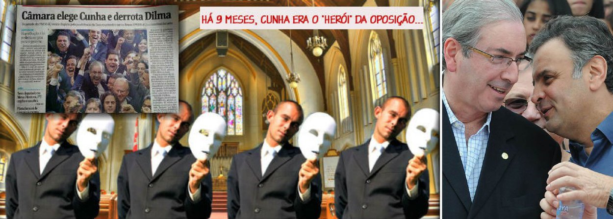 "Enquanto sobrou uma gota de esperança de que houvesse o clima político para a derrubada da Presidente, viviam 'mostrando as canjicas', todos sorriso, para Cunha. Encontros, jantares e, mesmo diante dos papéis vindos da Suíça, mostrando-lhe os dólares, ele merecia 'o benefício da dúvida'", lembra Fernando Brito, editor do Tijolaço; senador Aécio Neves (PSDB-MG) é um dos ex-aliados que agora querem a cabeça de Cunha