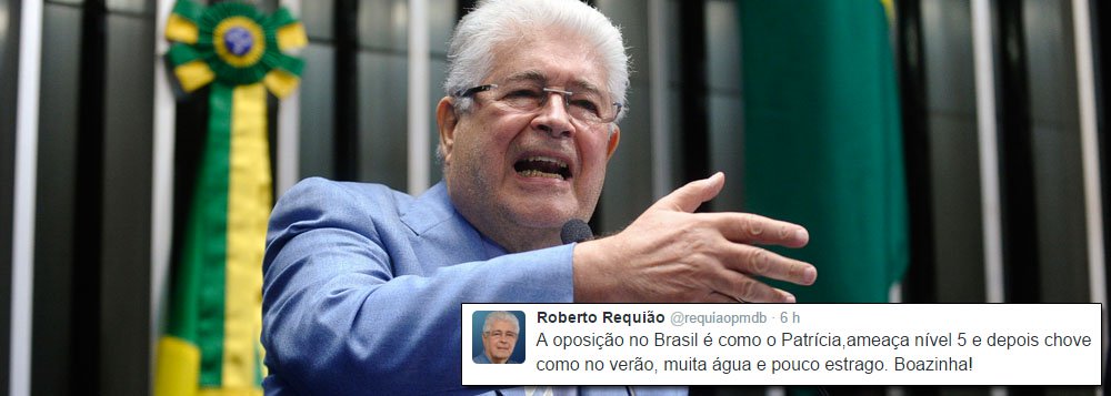 "A oposição no Brasil é como o Patrícia, ameaça nível 5 e depois chove como no verão, muita água e pouco estrago. Boazinha!", postou o senador Roberto Requião (PMDB-PR) no Twitter, ironizando a oposição comandada pelo tucano Aécio Neves