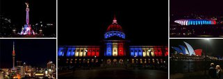 Monumentos de vários países do mundo foram iluminados com as cores da bandeira francesa, após os atentados terroristas que ocorreram em Paris, na sexta (13); no Brasil, o estádio Beira-Rio, em Porto Alegre, foi iluminado com as cores da bandeira francesa