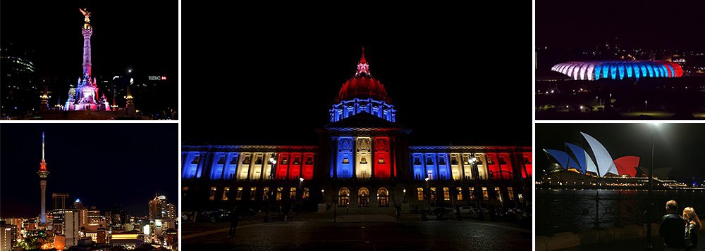 Monumentos de vários países do mundo foram iluminados com as cores da bandeira francesa, após os atentados terroristas que ocorreram em Paris, na sexta (13); no Brasil, o estádio Beira-Rio, em Porto Alegre, foi iluminado com as cores da bandeira francesa