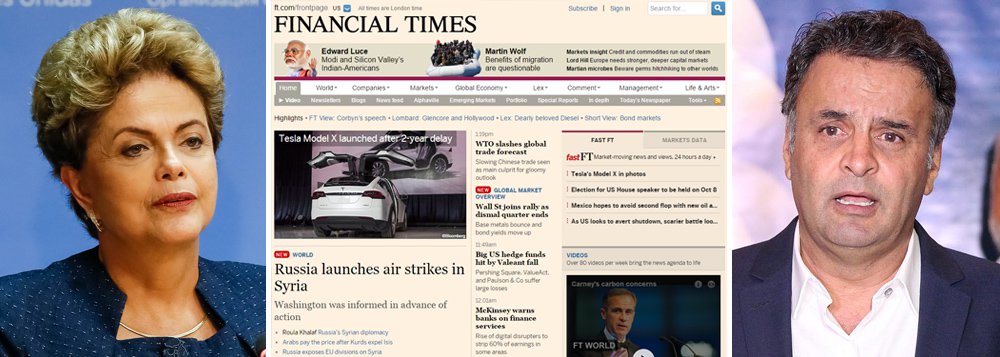 Um eventual impeachment da presidente Dilma Rousseff "poderia pôr em risco a reputação do Brasil de construir instituições firmes", diz o jornal britânico Financial Times, principal diário de finanças do país, nesta quarta-feira; "o Financial Times alerta que um impeachment poderia causar uma paralisia econômica e política no país, e por uma simples razão: não há nenhum nome ou partido com legitimidade moral ou política para substituir a presidenta", comenta o jornalista Miguel do Rosário, ao analisar o editorial sobre o golpismo liderado pelo senador Aécio Neves