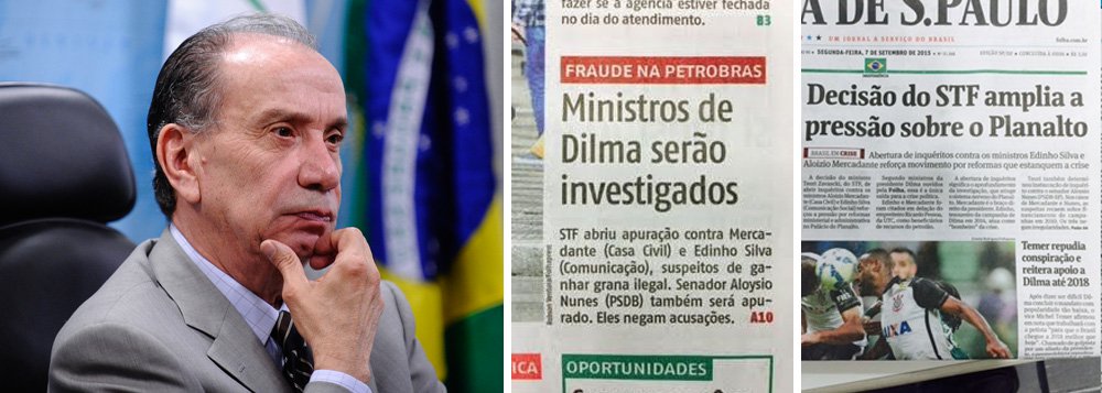 "A investigação do senador tucano Aloysio Nunes, que não é um quadro qualquer do partido, não apareceu nas manchetes, que se concentraram em 'Dilma' e no 'Planalto'", diz texto do blog Viomundo; "No caso da Folha, mereceu uma notinha no pé da 'reportagem', um texto que equivale quase a um pedido antecipado de desculpas pela publicação: 'Não está claro, por exemplo, se os recursos [doados a Aloysio] seriam provenientes de corrupção na Petrobras'"