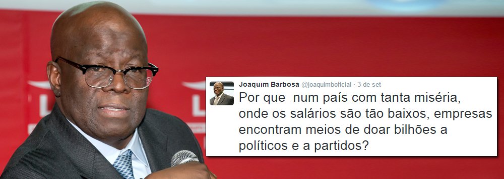 "Por que num país com tanta miséria, onde os salários são tão baixos, empresas encontram meios de doar bilhões a políticos e a partidos?", questionou o ex-presidente do STF via Twitter, na semana passada, ao comemorar decisão do Senado que acabou com as doações privadas a campanhas eleitorais; matéria ainda voltará para análise da Câmara