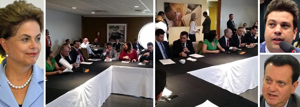 Presidentes do PMDB, PCdoB, PP, PSD e PROS assinaram nesta terça-feira 15 um manifesto em defesa do mandato da presidente Dilma Rousseff; documento será entregue pessoalmente a Dilma na reunião que ocorre hoje no Palácio do Planalto com líderes da base aliada; líder do PMDB na Câmara, Leonardo Picciani (RJ) disse que a presidente está "100% forte no cargo" e criticou movimentos da oposição que, desde o início do segundo mandato, vêm buscando fundamentos para abertura de um processo de impedimento do governo; o ministro das Cidades, Gilberto Kassab, defendeu o pacote de medidas anunciado ontem pelo governo e o mandato de Dilma; "Não podemos macular o fortalecimento e a imagem da nossa democracia com ações que não estejam compatíveis com a legalidade"