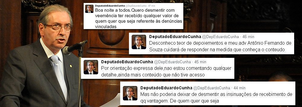Preso na Lava Jato, Augusto Henriques afirmou à PF que abriu conta na Suíça para repassar propina ao presidente da Câmara; “Boa noite a todos. Quero desmentir com veemência ter recebido qualquer valor de quem quer que seja referente às denúncias vinculadas”, escreveu Eduardo Cunha no Twitter
