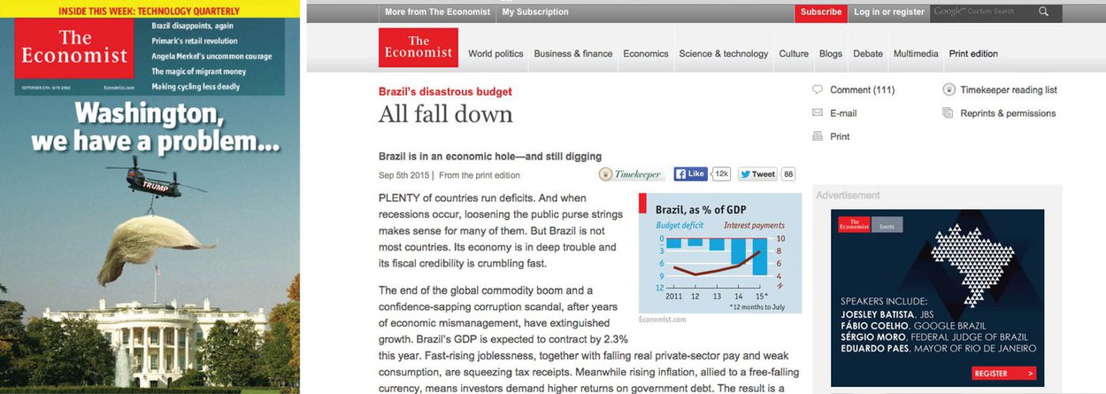 Revista britânica classificou a proposta orçamentária apresentada pelo governo, que prevê um déficit de R$ 30,5 bilhões em 2016, como “desastrosa” e “calamitosa”; publicação diz que o Brasil está em um "buraco econômico e afundando ainda mais"; artigo, porém, também bate na oposição ao afirmar que “muitos [parlamentares], tanto na oposição quanto entre os supostos aliados, estão gastando seu tempo tentando o impeachment em vez de buscar uma forma de corrigir o orçamento"; para a revista, a solução é simples: aumentar impostos e cortar gastos