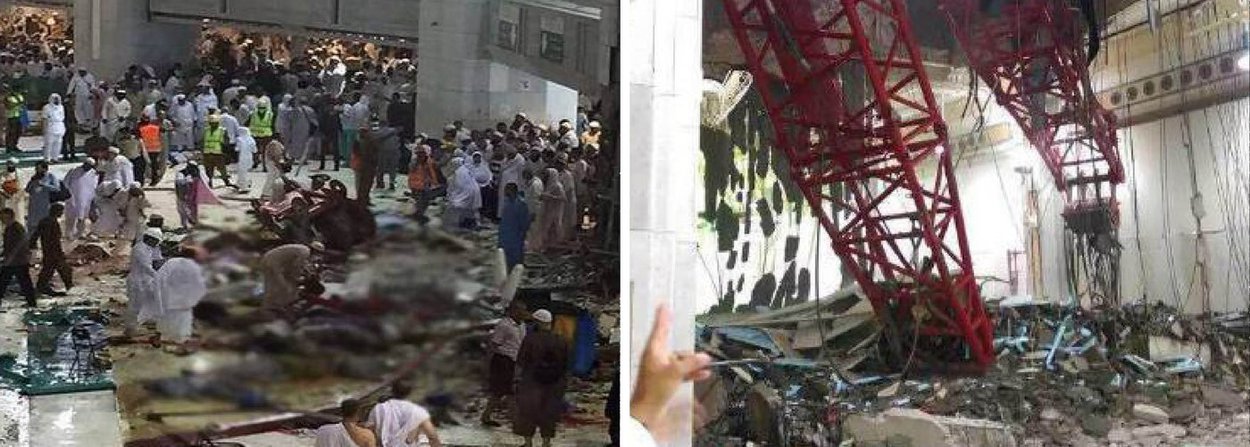 Pelo menos 87 pessoas morreram quando um guindaste caiu na Grande Mesquita de Meca nesta sexta-feira, disse a Defesa Civil da Arábia Saudita, um acidente ocorrido poucas semanas antes da peregrinação anual islâmica conhecida como haj; 183 pessoas ficaram feridas na queda