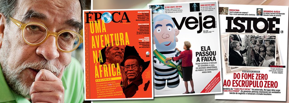 Constatação é de Fernando Brito, editor do Tijolaço, que ficou chocado com as capas das revistas semanais, todas sobre o ex-presidente Lula, na semana em que se descobriu que o presidente da Câmara dos Deputados, Eduardo Cunha (PMDB-RJ), tem pelo menos US$ 5 milhões escondidos em contas secretas na Suíça; "é a merecida paga que o PT recebe por ter, durante doze anos, chocado o ovo dessa serpente com verbas publicitárias do Estado", diz o escritor Fernando Morais (foto), que também ficou espantado com o desinteresse da mídia nacional pelos milhões de Cunha na Suíça