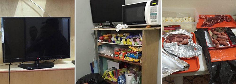 O cômodo que deveria ser uma cela prisional tem frigobar, TV a cabo, cama de casal, computador, videogame e forno de microondas no Batalhão Especial Prisional (BEP), no Rio de Janeiro; a unidade é destinada a custodiar policiais militares que aguardam sua sentença ser proferida pela justiça; foi neste cenário de conforto e regalias que a juíza Daniella Assumpção foi agredida quando fazia inspeção na quinta-feira (1º); além dos itens de entretenimento, a fiscalização encontrou ainda carne para churrasco e garrafas de refrigerantes de dois litros