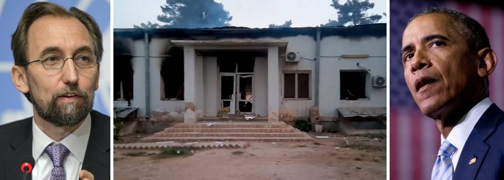 "Esse acontecimento profundamente chocante será investigado de forma imediata, profunda e independente, e os resultados devem ser divulgados ao público", disse o chefe de Direitos Humanos da ONU, Zeid Ra'ad al Hussein; "A gravidade do incidente é agravada pelo fato de que, se for considerado intencional pela Justiça, um ataque a um hospital pode ser considerado um crime de guerra"; exército americano bombardeou hospital dos Médicos sem Fronteiras; presidente Barack Obama ainda não se pronunciou