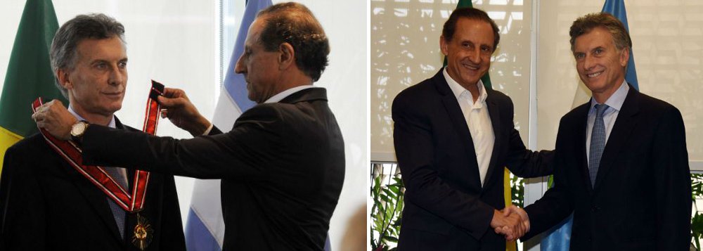 O presidente eleito na Argentina, Mauricio Macri, almoçou nesta sexta-feira 4 com o presidente da Fiesp, Paulo Skaf, e falou na sede do órgão, em São Paulo, a 145 empresários brasileiros; a vinda representa uma tentativa da futura administração argentina de atrair investimentos estrangeiros, principalmente o interesse de empresários brasileiros, com quem Buenos Aires tem relações comerciais estreitas; no encontro, ele pediu pelo término das travas comerciais entre os dois países; Macri recebeu a Ordem do Mérito Industrial de São Paulo