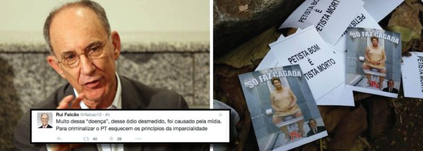 Presidente do PT cita a imprensa ao criticar o ato contra o partido realizado durante o velório de José Eduardo Dutra, ex-senador e ex-presidente do partido e da Petrobras nesta segunda-feira; "Quando nem a dor da morte é capaz de despertar respeito e empatia nos opositores é sinal de que nossa sociedade está, de fato, doente", publicou Rui Falcão em sua conta no Twitter; "Muito dessa 'doença', desse ódio desmedido, foi causado pela mídia. Para criminalizar o PT esquecem os princípios da imparcialidade", acrescentou; enquanto acontecia a cerimônia fúnebre em BH, um carro passou e lançou panfletos com a frase "petista bom é petista morto" e outros com ofensas à presidente Dilma