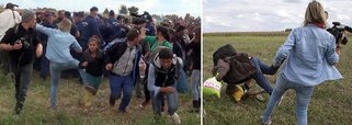 Húngara Petra Laszlo, que chutou e derrubou refugiados quando fugiam da polícia esta semana, disse que agiu em momento de pânico; ela foi demitida após a divulgação de imagens do ocorrido; "Sinceramente, eu me arrependo do que aconteceu... Estou praticamente em choque com o que fiz, e o que foi feito comigo", disse; a cinegrafista também está sendo investigada pela polícia em função das agressões