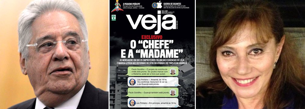 Na semana em que o affair FHC-Mirian Dutra foi o tema mais comentado, por envolver favores de uma empresa privada, concessionária do governo federal, a uma amante de um ex-presidente da República, a revista Veja não dedicou uma única linha ao tema; a reportagem de capa é voltada, mais uma vez, para o triplex que poderia ter sido, mas não pertence ao ex-presidente Lula; Veja divulga trechos de um diálogo vazado entre dois executivos da OAS, que falam de reformas para o "chefe" (Lula) e para a "madame" (Marisa Letícia); Lula teve uma opção de compra do imóvel, mas desistiu depois que o caso foi criminalizado pela imprensa; sobre FHC, Veja o protegeu no passado, quando publicou uma nota falsa sobre o caso Mirian Dutra, e segue protegendo até hoje