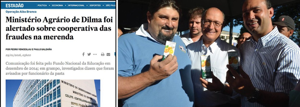 Reportagem do jornal O Estado de S. Paulo sobre fraude na merenda do governo do tucano Geraldo Alckmin, em São Paulo, aponta que o "Ministério Agrário de Dilma foi alertado sobre cooperativa das fraudes na merenda"; em nota divulgada nesta sexta-feira, a pasta, comandada por Patrus Ananias, afirma que "a emissão da Declaração de Aptidão ao Pronaf (DAP) Jurídica à Cooperativa Orgânica Agrícola Familiar foi realizada pela Secretaria Estadual da Agricultura do Governo de São Paulo em 25 de junho de 2014, o que torna enganosa qualquer eventual alusão à participação do Ministério do Desenvolvimento Agrário nesse processo"