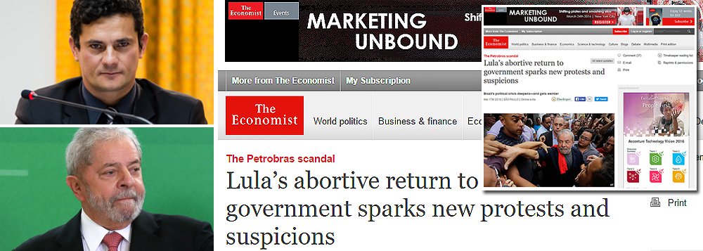Para a revista britânica, o "confronto entre o governo do Brasil e o sistema Judiciário acaba de ficar mais estranho e mais implacável"; reportagem observa que o juiz federal Sergio Moro "pode ter ido longe demais" ao autorizar a divulgação de grampos telefônicos de conversa entre a presidente Dilma Rousseff e o ex-presidente Lula; "Liberar uma gravação de conversa em que uma das partes, não menos que a presidente, que não está formalmente sob investigação e goza de forte proteção constitucional, parece com uma violação da sua privacidade", diz o texto