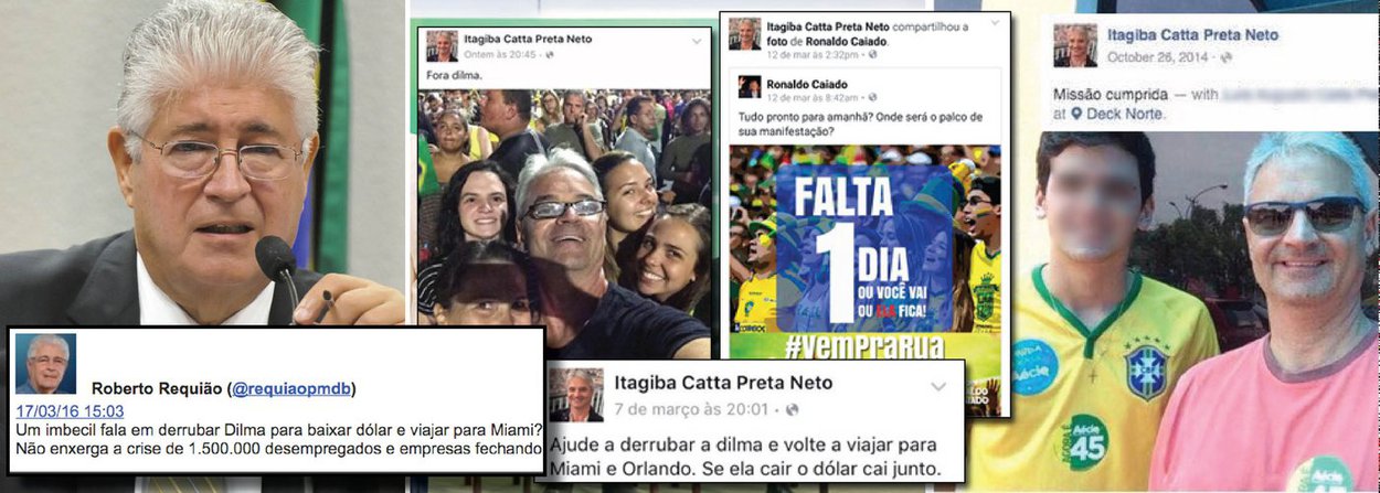 "Um imbecil fala em derrubar Dilma para baixar dólar e viajar para Miami? Não enxerga a crise de 1.500.000 desempregados e empresas fechando", postou o senador Roberto Requião (PMDB-PR), fazendo referência ao juiz Itagiba Catta Preta, que, ontem, tentou impedir a posse do ex-presidente Lula na Casa Civil