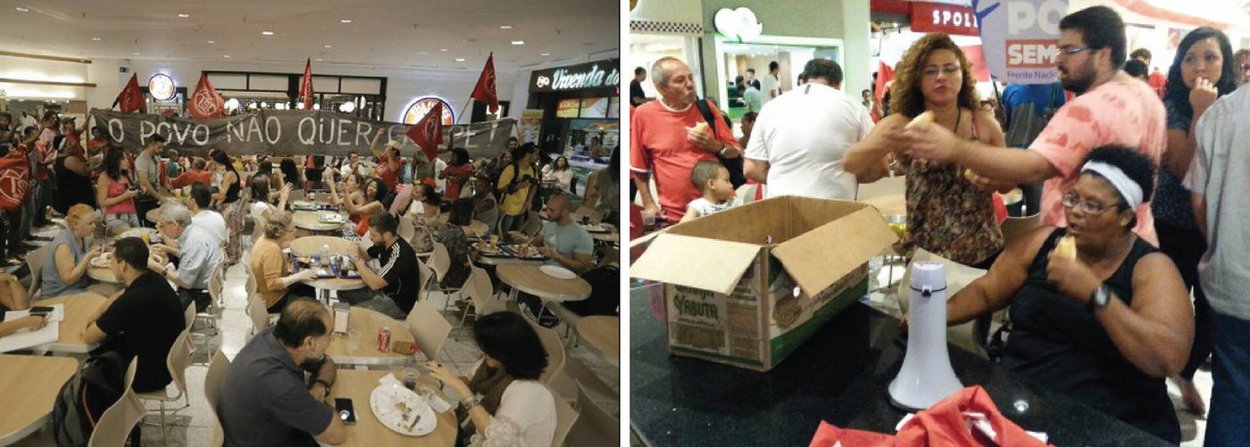 Cerca de 80 manifestantes ligados aos Movimento dos Trabalhadores Sem-Teto (MTST) fizeram uma manifestação em favor da presidente Dilma Rousseff (PT) na praça de alimentação do shopping Rio Sul, em Botafogo, na zona sul da cidade do Rio; com megafone e faixas, eles pediram "por democracia" e moradia; os participantes da mobilização gritaram "não vai ter golpe" e "não tem coxinha", fato que incomodou alguns frequentadores do local; no fim do ato, os integrantes do ato distribuíram pão com mortadela
