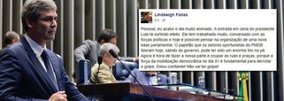 Em mensagem no Facebook, senador Lindbergh Farias (PT-RJ) afirma que as articulações políticas do ex-presidente Lula já estão surtindo efeito no governo Dilma Rousseff: 'Ele tem trabalhado muito, conversado com as forças políticas e hoje é possível pensar na organização de uma nova base parlamentar. O papelão que os setores oportunistas do PMDB fizeram hoje, saindo do governo, pode ter sido um enorme tiro no pé. Estou confiante! Não vai ter golpe!'
