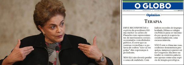 O Blog do Planalto contesta o editoral desta sexta (1º) do jornal O Globo; "O Globo erra na edição impressa desta sexta ao afirmar em editorial que a presidente Dilma Rousseff reconforta seu espírito “ao encher os salões do Planalto com representantes de movimentos sociais sustentados com dinheiro público”. E erra naquilo que é mais caro à imprensa: a informação. Este governo não sustenta movimentos sociais. Este governo, assim como o do ex-presidente Lula, caracteriza-se por manter as portas do Palácio abertas a todos que queiram dialogar", afirma
