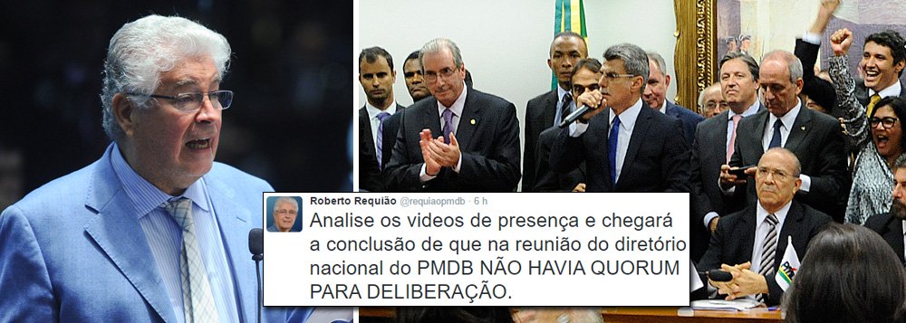 Um dos principais parlamentares do PMDB contra o impeachment, senador Roberto Requião (PR) acusou o vice-presidente, Michel Temer, de aplicar um "golpe" no PMDB; sem citar Temer, Requião afirmou pelo Twitter que não havia quórum na reunião do diretório nacional para deliberar pelo "rompimento" com o governo Dilma; "Analise os videos de presença e chegará à conclusão de que na reunião do diretório nacional do PMDB não havia quorum para a deliberação"