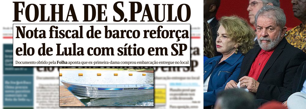Manchete da Folha grita que "Nota fiscal de barco reforça elo de Lula com sítio em SP"; quem vê a capa imagina um iate, mas a reportagem interna traz a imagem de uma pequena embarcação, quase uma canoa, usada pelo ex-presidente para pescar no lago da propriedade; o preço foi de R$ 4.126,00; em nota, o ex-presidente Lula afirmou que é de conhecimento público que frequenta o sítio em Atibaia (SP), registrado em nome de Jonas Suassuna, sócio de seu filho Fábio Luis Lula da Silva