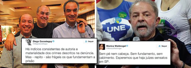Depois do pedido de prudência do PSDB, Globo usa dois de seus editores para também transmitir a mensagem de que não há razões para prender Lula; pelo Twitter, Diego Escosteguy, editor chefe da Época, disse que "a fragilidade do pedido de prisão de Lula atrapalha a Lava Jato"; "O pedido de prisão preventiva de Lula apresentado pelo MP de SP é extremamente frágil", definiu; a jornalista Monica Waldvoguel, fez coro: "Sem pé nem cabeça. Sem fundamento, sem cabimento. Esperemos que haja juízes sensatos em SP"; para ela, "nem o Moro que tem o esquema todo na cabeça fez isso"; depois de incitar o golpe e o ódio político, tucanos e família Marinho pedem paz; na semana passada, após a ação da Lava Jato contra Lula, Globo passou a ser alvo da fúria e da indignação popular