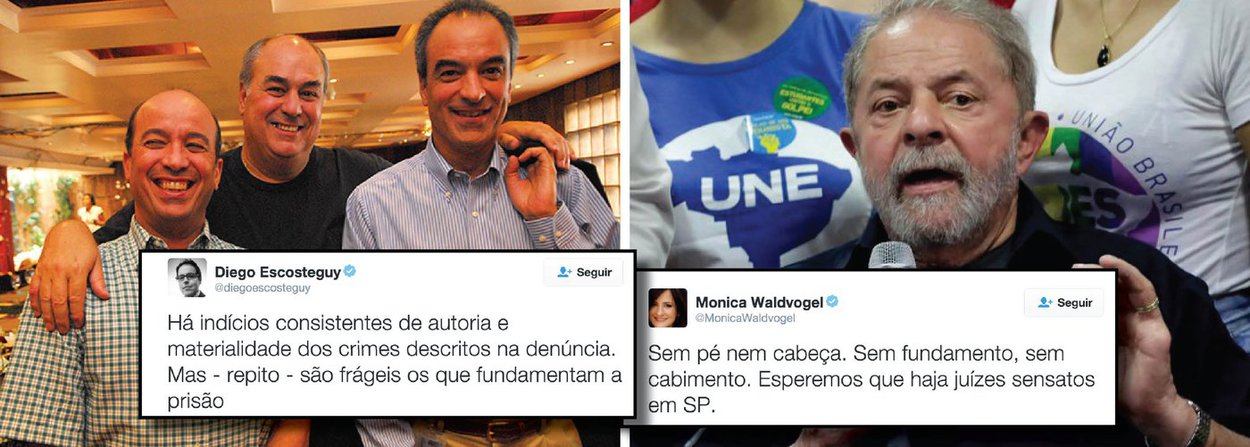 Depois do pedido de prudência do PSDB, Globo usa dois de seus editores para também transmitir a mensagem de que não há razões para prender Lula; pelo Twitter, Diego Escosteguy, editor chefe da Época, disse que "a fragilidade do pedido de prisão de Lula atrapalha a Lava Jato"; "O pedido de prisão preventiva de Lula apresentado pelo MP de SP é extremamente frágil", definiu; a jornalista Monica Waldvoguel, fez coro: "Sem pé nem cabeça. Sem fundamento, sem cabimento. Esperemos que haja juízes sensatos em SP"; para ela, "nem o Moro que tem o esquema todo na cabeça fez isso"; depois de incitar o golpe e o ódio político, tucanos e família Marinho pedem paz; na semana passada, após a ação da Lava Jato contra Lula, Globo passou a ser alvo da fúria e da indignação popular