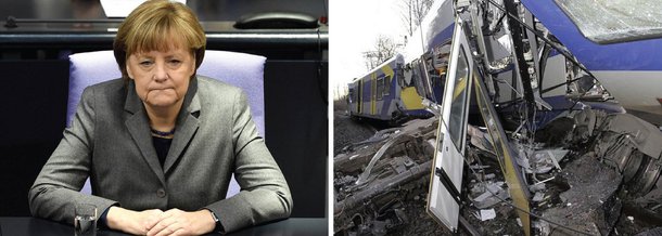 A chanceler alemã, Angela Merkel, declarou-se hoje (9) 'consternada' com a colisão frontal de dois trens no sul da Alemanha: “Estou consternada e entristecida com o grave acidente desta manhã em Bad Aibling. Os meus pensamentos estão especialmente com as famílias das nove pessoas que perderam a vida, mas também com os muitos feridos”; o acidente ocorreu na localidade de Bad Aibling, no estado da Baviera; no local, de difícil acesso, equipes de resgate continuam com ambulâncias e helicópteros para socorrer os feridos e transportar os casos mais graves para os hospitais; a batida frontal fez com que os trens descarrilassem