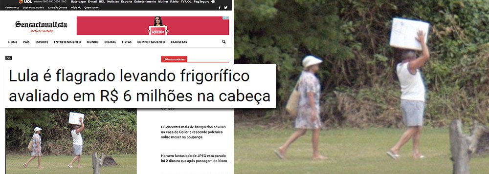 Site de humor Sensacionalista debocha da campanha da mídia contra o ex-presidente Lula: ‘o cerco se fechou ainda mais com a divulgação das imagens em que Lula aparece carregando um frigorífico na cabeça. De acordo com uma reportagem da revista Veja, o frigorífico é avaliado em seis milhões de reais. “Dentro da câmara refrigerada, Lula carregava cinco toneladas de filé da Friboi”, diz a reportagem’