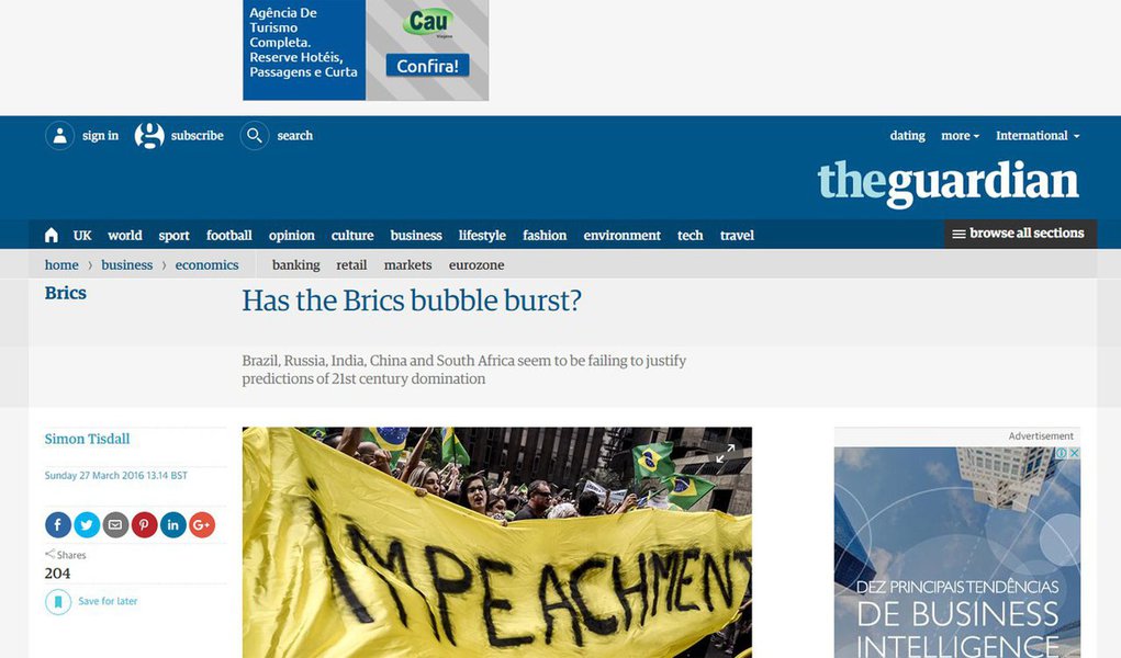 Artigo publicado pelo jornal britânico “The Guardian” sobre os Brics diz que o impasse em Brasília e a possibilidade de que a presidente Dilma Rousseff sofra um impeachment são particularmente preocupantes: “Com cerca de um quarto dos membros do Congresso brasileiro enfrentando algum tipo de investigação criminal, a crise se tornou estrutural e existencial em sua essência, levantando preocupações sobre a durabilidade da jovem democracia do Brasil”