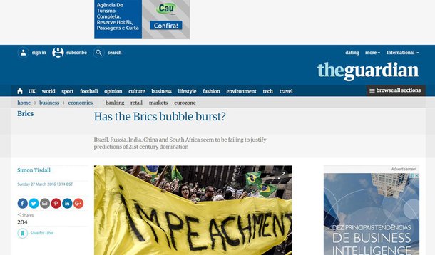 Artigo publicado pelo jornal britânico “The Guardian” sobre os Brics diz que o impasse em Brasília e a possibilidade de que a presidente Dilma Rousseff sofra um impeachment são particularmente preocupantes: “Com cerca de um quarto dos membros do Congresso brasileiro enfrentando algum tipo de investigação criminal, a crise se tornou estrutural e existencial em sua essência, levantando preocupações sobre a durabilidade da jovem democracia do Brasil”