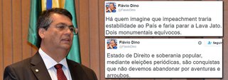 Aliado da presidente Dilma Rousseff (PT), o governador do Maranhão, Flávio Dino, afirmou que "há quem imagine que impeachment traria estabilidade ao País e faria parar a Lava Jato"; "Dois monumentais equívocos", disse ele no Twitter; segundo o chefe do executivo, que é jurista, "Estado de Direito e soberania popular, mediante eleições periódicas, são conquistas que não devemos abandonar por aventuras e arroubos"; pela mesma rede social, ele culpou os banqueiros pela crise econômica nacional