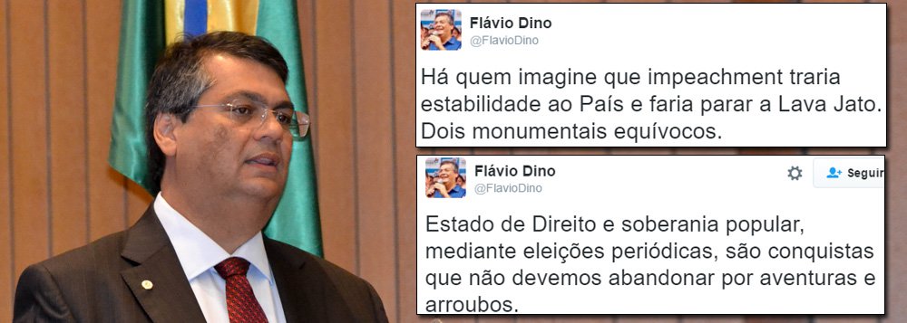 Aliado da presidente Dilma Rousseff (PT), o governador do Maranhão, Flávio Dino, afirmou que "há quem imagine que impeachment traria estabilidade ao País e faria parar a Lava Jato"; "Dois monumentais equívocos", disse ele no Twitter; segundo o chefe do executivo, que é jurista, "Estado de Direito e soberania popular, mediante eleições periódicas, são conquistas que não devemos abandonar por aventuras e arroubos"; pela mesma rede social, ele culpou os banqueiros pela crise econômica nacional
