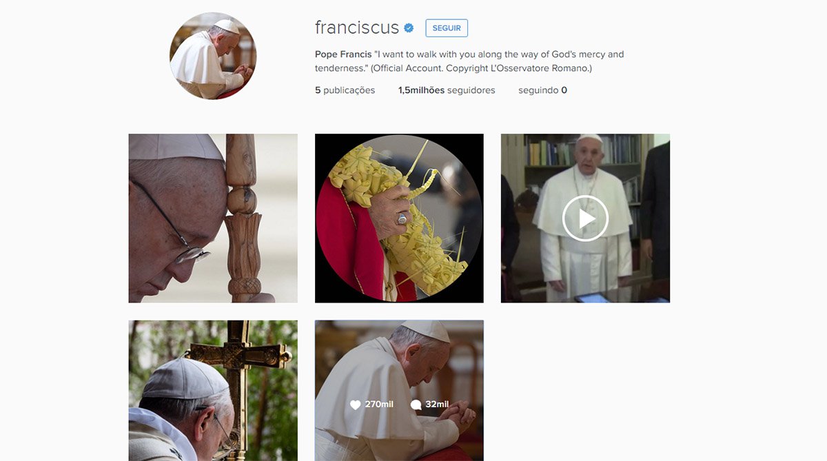Três dias após sua publicação de estreia no Instagram, o papa Francisco já alcançou 1,5 milhão de seguidores; a abertura do perfil @franciscus ocorreu no sábado 19, dia de São José, de quem o papa é devoto, e data em que Francisco celebrou a primeira missa do seu pontificado, em 2013