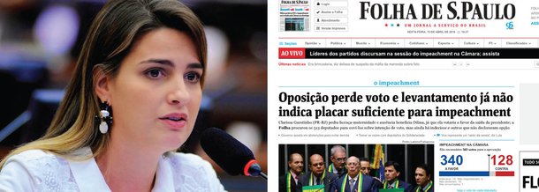 Democracia começa a virar o jogo contra a maré golpista; Folha de S. Paulo, que dava o golpe como favas contadas, acaba de reconhecer que a oposição não tem mais os votos suficientes para aprovar o pedido de impeachment da presidente Dilma Rousseff; uma das parlamentares que não irá votar é Clarissa Garotinho (PR-RJ), que solicitou nesta sexta o início de sua licença-maternidade; o vice-líder da Câmara, Waldir Maranhão (PP-MA) também mudou de posição hoje e agora é contra o impedimento de Dilma; mais cedo, o 247 noticiou que mais de 50 deputados, de olho nas eleições municipais deste ano, deverão se ausentar da votação do domingo (17)