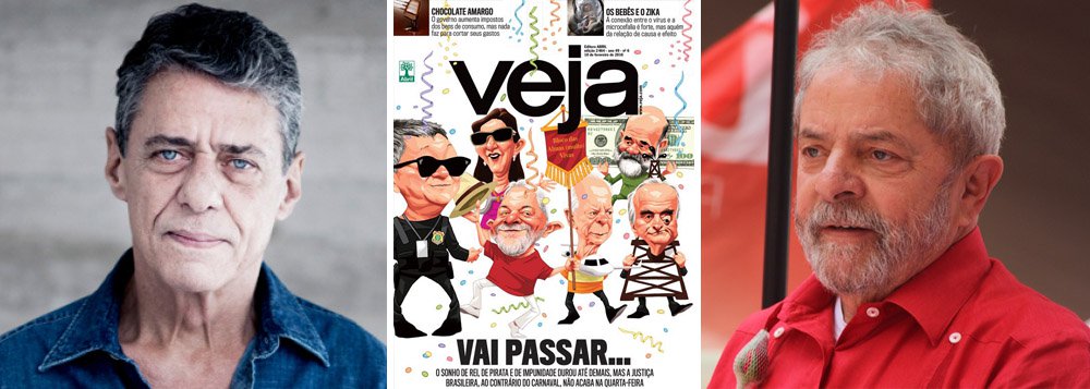 Capa deste fim de semana exalta o samba "Vai passar", de Chico Buarque, para reforçar a campanha da publicação contra o ex-presidente Lula; no fim da reportagem, Veja revela que sua motivação é impedir a volta de Lula em 2018; "Salve o compositor popular, o intérprete do povo, que, tudo indica, impedirá que o lulopetismo 'escreva outra página infeliz da nossa história'"; num vídeo recente, Chico Buarque expressou publicamente sua solidariedade a Lula, pela campanha de ódio que vem sendo movida contra o ex-presidente; "estou com você, como sempre", disse Chico