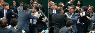 Os deputados Zé Geraldo (PT-PA) e Wellington Roberto (PR-PB) trocaram ofensas, agrediram-se e tiveram que ser contidos; confusão e bate boca começaram em razão do painel eletrônico no colegiado estar desligado no momento do registro da presença dos parlamentares; o presidente José Carlos Araújo chegou a suspender a sessão após o tumulto; "Esse conselho deve ser o local da ética, do zelo e do respeito entre os seus pares, da conversa e do diálogo. Jamais isso poderá ser transformado em um ringue"; a reunião já foi reaberta