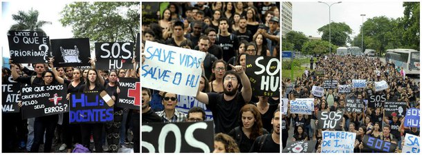 Vestidos de preto, centenas de estudantes, médicos, residentes e sindicalistas reuniram-se na entrada do Hospital Universitário Clementino Fraga Filho, da UFRJ, na Ilha do Fundão, para protesta contra a falta de verbas do governo federal para os hospitais universitários federais do Rio de Janeiro; a unidade da UFRJ suspendeu as cirurgias e internações eletivas, nesta semana, em consequência do atraso nos repasses orçamentários e financeiros
