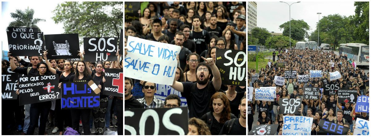 Vestidos de preto, centenas de estudantes, médicos, residentes e sindicalistas reuniram-se na entrada do Hospital Universitário Clementino Fraga Filho, da UFRJ, na Ilha do Fundão, para protesta contra a falta de verbas do governo federal para os hospitais universitários federais do Rio de Janeiro; a unidade da UFRJ suspendeu as cirurgias e internações eletivas, nesta semana, em consequência do atraso nos repasses orçamentários e financeiros