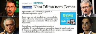 Por meio do colunista Merval Pereira, principal porta-voz dos interesses da família Marinho, o grupo Globo denunciou como "golpe" a proposta de novas eleições apresentada pela Folha no último domingo no editorial "Nem Dilma nem Temer"; posição da Folha atende aos interesses de Marina Silva, que também pede novas eleições, enquanto a Globo está fechada com o vice Michel Temer, que também tem apoio de tucanos como Aécio Neves; a verdade, no entanto, é que tanto as saídas defendidas pela Globo como pela Folha são golpistas; o único caminho democrático é o respeito à soberania popular e à Constituição, que não prevê a possibilidade de impeachment sem crime de responsabilidade