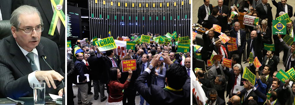 Foi aberta, nesta tarde, pelo deputado Eduardo Cunha (PMDB-RJ), presidente da Câmara dos Deputados, a sessão que tenta aprovar um golpe parlamentar contra a presidente Dilma Rousseff; nas últimas horas, tanto a presidente Dilma Rousseff como o vice Michel Temer negociaram apoios com parlamentares e os dois lados cantam vitória; sem crime de responsabilidade, impeachment da presidente Dilma causa espanto no mundo, mas pode ser aprovado por parlamentares investigados por corrupção, a começar pelo próprio Cunha, acusado, dias atrás, de cobrar propinas de R$ 52 milhões da Carioca Engenharia; para a presidente Dilma, trata-se da "maior farsa política e jurídica da nossa história"; sessão começa com tumulto e risco de pancadaria; assista