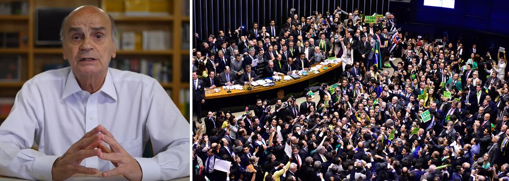 "Pela primeira vez em 70 anos senti vergonha de ser brasileiro. Culpa da TV, que me manteve hipnotizado na frente da tela, enquanto transmitia a votação do impeachment na Câmara, duas semanas atrás", diz o médico e escritor Drauzio Varella, sobre a votação de 17 de abril; "Todos sabem que é lamentável o nível da maioria de nossos deputados, mas vê-los em conjunto despejando cretinices no microfone foi assistir a um espetáculo deprimente protagonizado por exibicionistas espertalhões, travestidos em patriotas tementes a Deus"