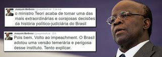 Colunista do 247 Tereza Cruvinel comenta os tuítes postados pelo ex-presidente do STF Joaquim Barbosa nesta quinta-feira, em que afirmou "o Brasil adotou uma versão temerária e perigosa" do instituto do impeachment; a jornalista comenta, com base nos comentários do ex-ministro: "Os crimes contra a lei orçamentária são os únicos de que apenas Dilma poderia ser acusada. Se fosse acusada por questões ligadas à Lava Jato e ao petrolão, boa parte da classe política entraria na roda"