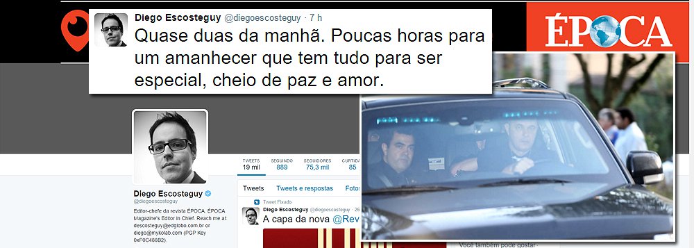 Por volta de 2 horas da madrugada, antes da deflagração da 24ª fase da Operação Lava Jato, nesta manhã, o jornalista Diego Escosteguy, editor-chefe da revista Época, postava os seguintes tuítes: "Quase duas da manhã. Poucas horas para um amanhecer que tem tudo para ser especial, cheio de paz e amor"; "Vamos observar com atenção as próximas horas. Elas não serão fáceis. Notícias concretas assim que possível...", escreveu ainda