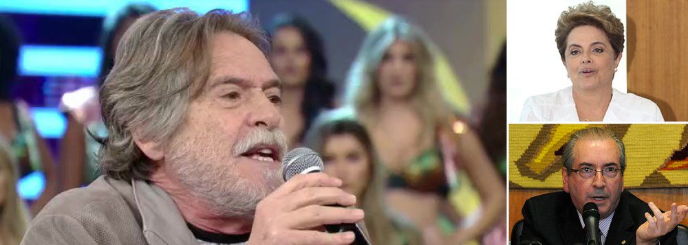 Ao vivo no Domingão do Faustão, o ator chamou de "golpe" o processo de impeachment contra a presidente Dilma Rousseff, "eleita com 54 milhões de votos"; José de Abreu destacou que o vice Michel Temer já foi citado quatro vezes na Lava Jato e lembrou que o principal condutor do processo é corrupto; "Pode tudo, só não pode juiz ladrão. Onde já se viu o Cunha ser juiz da Dilma?", questionou; sobre o episódio no restaurante em São Paulo, onde cuspiu em um casal que o ofendeu e a sua mulher, indagou: "por que nós não podemos conviver pacificamente nesse país pensando diferente?"